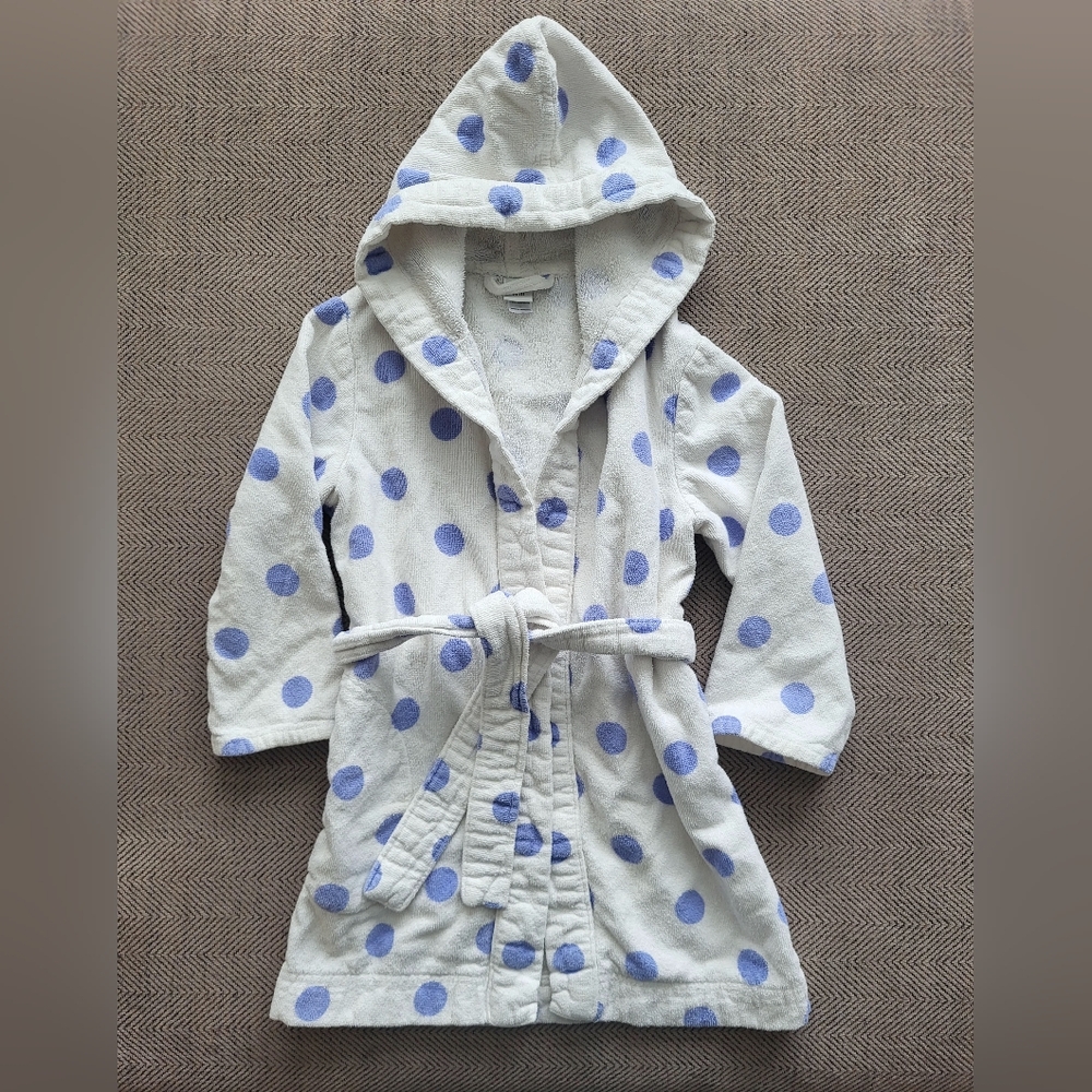 Garnet Hill White & Blue Polka Dot Hooded Bathrobe Size SMALL